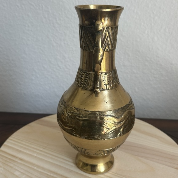 VTG Solid Yellow‎ Brass Vase Handles Dragon w Geometric Pattern Made In Korea 9" - Picture 4 of 10
